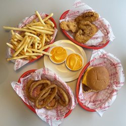 Schoops Hamburgers - Onion rings, cheese fries, chicken sandwich and chicken strips!!
