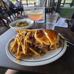 Burger and shoestring fries Burger and shoestring fries
