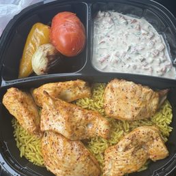 Chicken Tawook Plate with Jerusalem salad to-go. Yum! Chicken Tawook Plate with Jerusalem salad to-go. Yum!