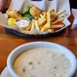 Cod fish and chips, ClamWin Chowder. Cod fish and chips, ClamWin Chowder.