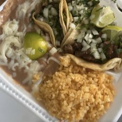 Dona Susy Taqueria - 3lengua tacos fully dressed with beans and rice with 3 limes 2 salsas