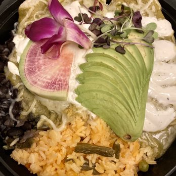 Spanglish NYC - Chicken enchiladas with tomatillo sauce. Enchilada Tortilla Stuffed with chicken, Meixcan cheese, - Mexican Near Me - Bayside, New York Spanglish NYC - Chicken enchiladas with tomatillo sauce. Enchilada Tortilla Stuffed with chicken, Meixcan cheese, - Mexican Near Me - Bayside, New York