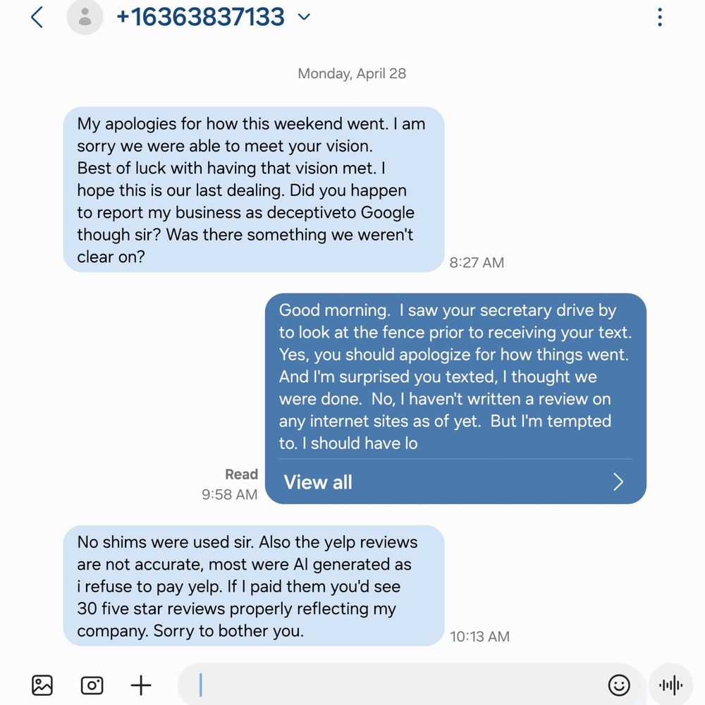 D's Home Solutions - 2 days later, he texted me if I posted a review of his deception. - General Contractors Near Me D's Home Solutions - 2 days later, he texted me if I posted a review of his deception. - General Contractors Near Me