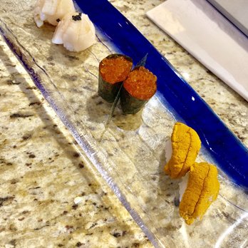 Miso Sushi - From left to right: Scallop sushi, ikura, uni - Japanese Near Me - Anchorage, Alaska Miso Sushi - From left to right: Scallop sushi, ikura, uni - Japanese Near Me - Anchorage, Alaska