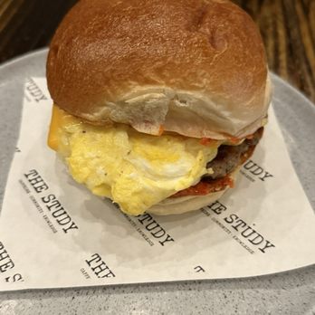 The Study - Breakfast Bun with sausage patty - Coffee & Tea Near Me - East Setauket, New York