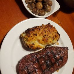 NY steak with twice baked potato + mushrooms yummmm