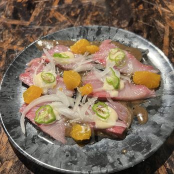 XO Restaurant - Hamachi Sashimi Crudo, Miso Sesame Vin, Aioli, Orange, Shishito - Asian Fusion Near Me - Honolulu, Hawaii