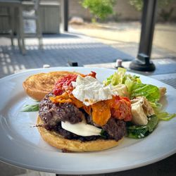The Butcher Block - Smashed steak burger with tomato jam, basil and mozzarella (and goat cheese topper).