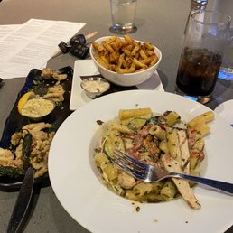 Fried Calamari , Chicken Rigatoni, Yukon Fries