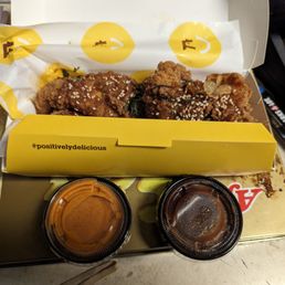 Sweet Thai tenders with side of BBQ and spicy Seoul sauce Sweet Thai tenders with side of BBQ and spicy Seoul sauce