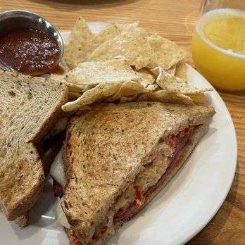 Frothy Monkey - The Clyde was their version of a Rueben.  Pretty good.  Chips and salsa side is an interesting choice - Coffee & Tea Near Me - Nashville, Tennessee