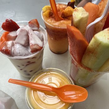 La Media Naranja - Fresas con crema on left. Mangonada on top. Fruit on right. Flan on bottom. - Mexican Near Me - Fort Worth, Texas La Media Naranja - Fresas con crema on left. Mangonada on top. Fruit on right. Flan on bottom. - Mexican Near Me - Fort Worth, Texas