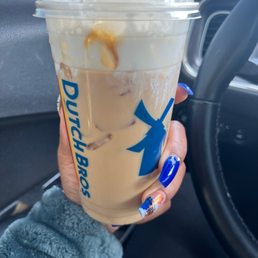 Medium Iced Extra Sweet Snickerdoodle Latte with Soft Top and Caramel Drizzle