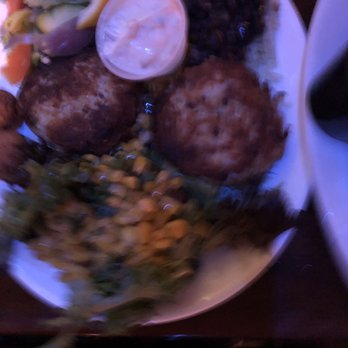 Pompano Joe's - Crab cakes, corn relish, black beans and rice and hush puppies - Seafood Near Me - Destin, Florida Pompano Joe's - Crab cakes, corn relish, black beans and rice and hush puppies - Seafood Near Me - Destin, Florida