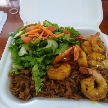 Shama's Specialties - Grilled shrimp green salad and pigeon peas and rice - Bakeries Near Me - Charlotte Amalie, Virgin Islands