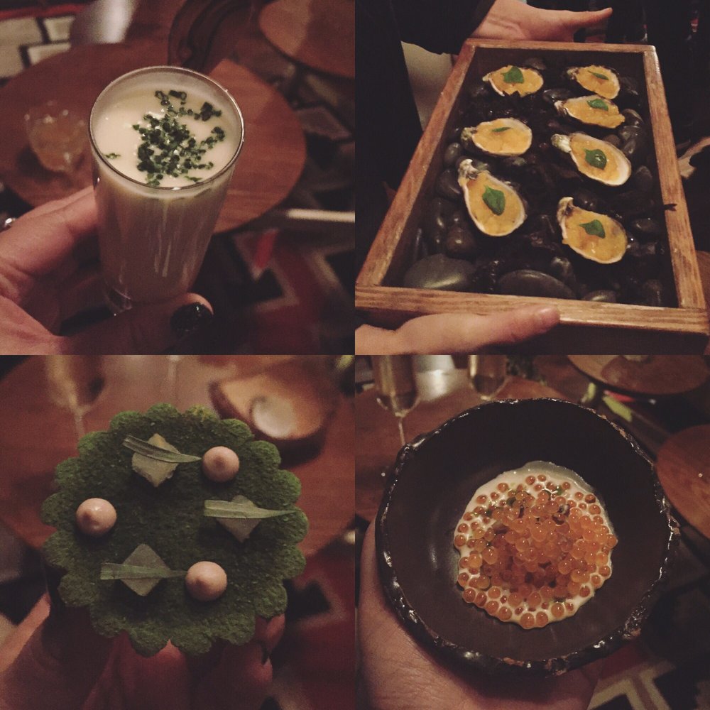 Lazy Bear - Appetizers from 12/8/17. Top L-R: 1) whipped scrambled eggs; 2) chicken chicken liver tart; 3) Shigoku oyster; 4) trout roe & cabbage. - New American Near Me - San Francisco, California Lazy Bear - Appetizers from 12/8/17. Top L-R: 1) whipped scrambled eggs; 2) chicken chicken liver tart; 3) Shigoku oyster; 4) trout roe & cabbage. - New American Near Me - San Francisco, California