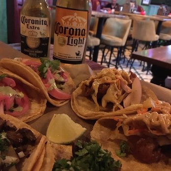 Broken English Taco Pub - The Loop - 6 Taco platter - Steak, Shrimp and fried chicken.. along with a Corona - Mexican Near Me - Chicago, Illinois