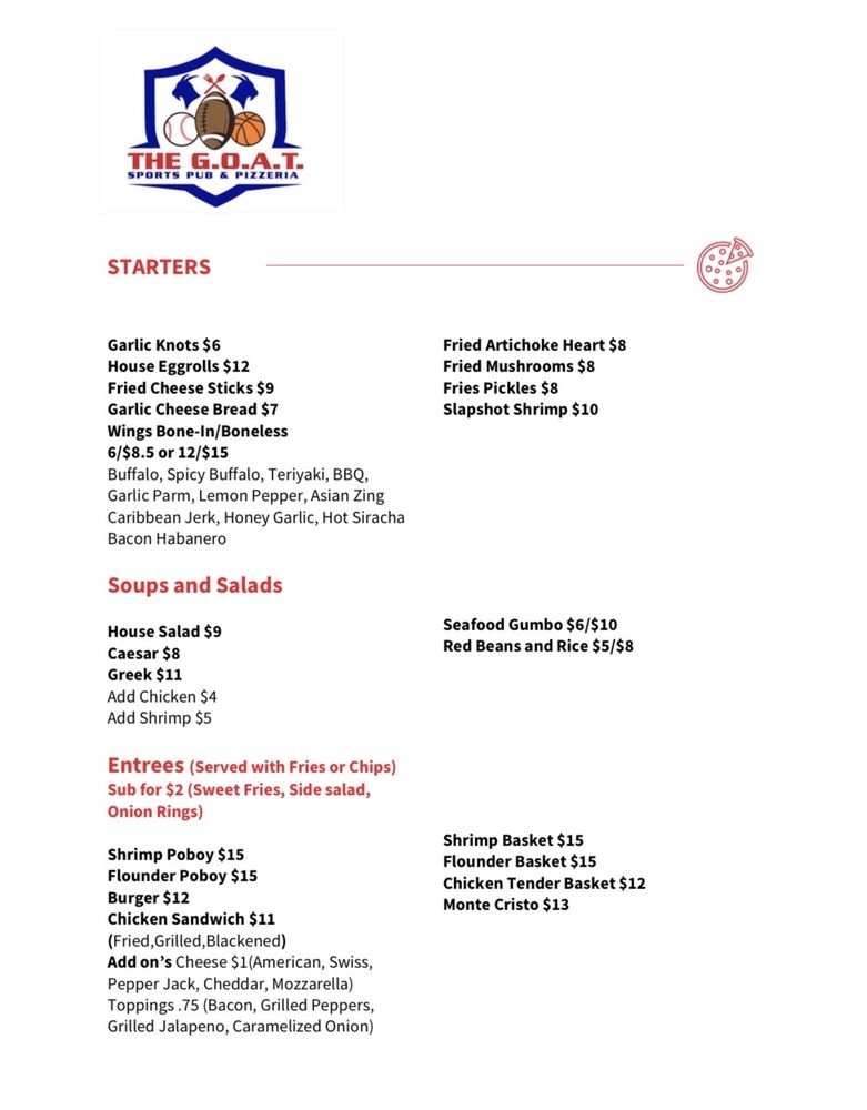 THE G.O.A.T. SPORTS PUB & PIZZERIA 1913 Pass Rd, Biloxi, Mississippi