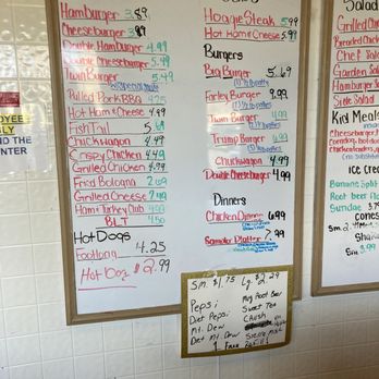 Corner Cone - Menu - A large whiteboard menu at Corner Cone features handwritten food and drink options, including sandwiches, burgers, hot dogs, and beverages. Prices are written in different colors, with some items marked with special notes or modifications. The menu includes items like cheeseburgers, double cheeseburgers, twin burgers, hot dogs, and various burger options, along with a small note about drink prices and options at the bottom. - Burgers Near Me - Wurtland, Kentucky