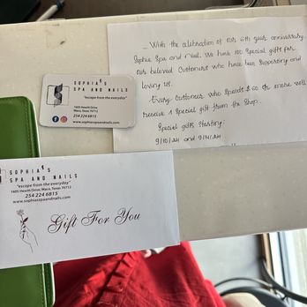 Sophia Spa and Nails - Sweet letter and gift card from Sophia's for my first visit - Nail Salons Near Me - Waco, Texas Sophia Spa and Nails - Sweet letter and gift card from Sophia's for my first visit - Nail Salons Near Me - Waco, Texas