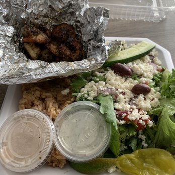 Simply Greek - Shrimp dinner, with rice pilaf and Greek salad and Tzaziki - Greek Near Me - Solon, Ohio Simply Greek - Shrimp dinner, with rice pilaf and Greek salad and Tzaziki - Greek Near Me - Solon, Ohio