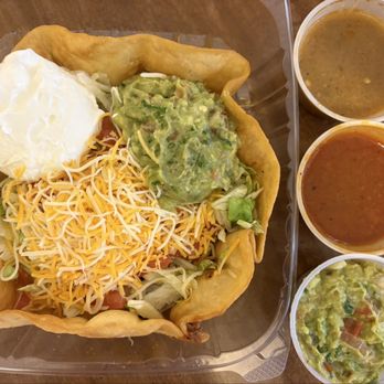 La Fogata - Quincy - My taco salad with ground beef with side green chili, red chili and guac - Mexican Near Me - Denver, Colorado