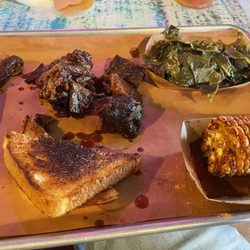 Delta Blues BBQ - Burnt End Tray -- with Fried Corn and Collard Greens