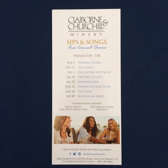 The Chardonnay Symposium - Live music on 2016 summer Friday's at Clairborne and Churchill. - Festivals Near Me - San Luis Obispo, California The Chardonnay Symposium - Live music on 2016 summer Friday's at Clairborne and Churchill. - Festivals Near Me - San Luis Obispo, California