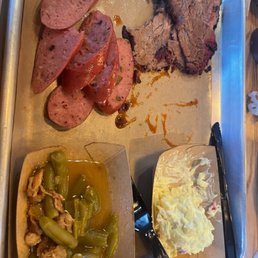 Brisket, sausage, green beans, potato salad Brisket, sausage, green beans, potato salad