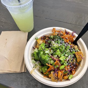 Green Tomato Grill - Teriyaki Bowl with chicken  Cucumber ginger lemonade - New American Near Me - Brea, California
