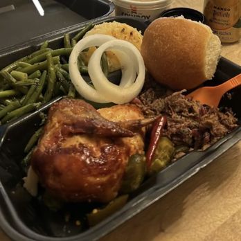 Cowboy Chicken - Chicken Brisket & Chicken Veggie Green Beans Twice Baked Potaters* Banana Puddin' - American Near Me - Dallas, Texas Cowboy Chicken - Chicken Brisket & Chicken Veggie Green Beans Twice Baked Potaters* Banana Puddin' - American Near Me - Dallas, Texas