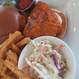 Nashville chicken sammich with fries and slaw Nashville chicken sammich with fries and slaw