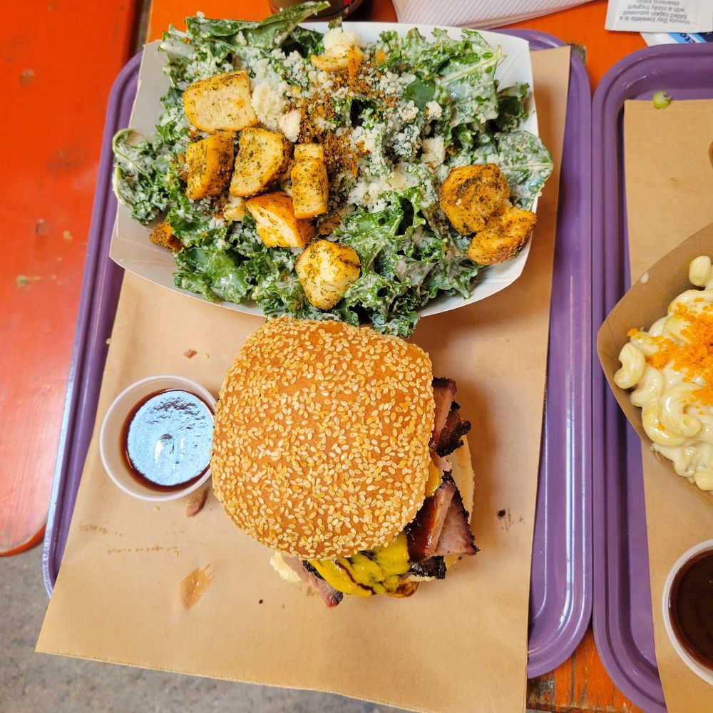 Brisket sandwich, kale salad Brisket sandwich, kale salad