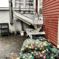 Bauman Family Apple Butter - Apples, chute and conveyer belt entrance to apple butter and apple cider processing.