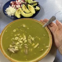 Mi Poblanita Super Market - Green pozole with many of the fixings. It also comes with lettuce and a large stack of tostadas.