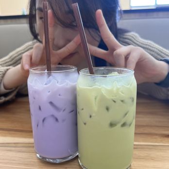 The Breeze Cafe - iced ube and iced matcha latte (after stirring) - Breakfast & Brunch Near Me - Newark, California The Breeze Cafe - iced ube and iced matcha latte (after stirring) - Breakfast & Brunch Near Me - Newark, California