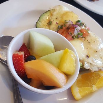Famous Toastery - Avocado Benny with fruit - Breakfast & Brunch Near Me - Davidson, North Carolina