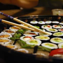 Soul Sushi - Garden Platter with chopsticks for scale. Decent amount of sushi for three people or a massive pig-out for two :D
