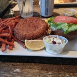 Calloway's Restaurant & Bar - Fried Crabcake sandwich with sweet potato fries.