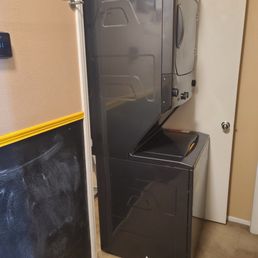 Washer/dryer left in my hallway, hooked up already so the lines are taught. This is also blocking access to a bedroom. Washer/dryer left in my hallway, hooked up already so the lines are taught. This is also blocking access to a bedroom.