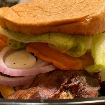 Sizzler - 1/2 lb. smokey bacon burger: ground beef patty, lettuce, tomato, pickles, red onions + bacon with 1000 island = $14.89 - Seafood Near Me - Ontario, California Sizzler - 1/2 lb. smokey bacon burger: ground beef patty, lettuce, tomato, pickles, red onions + bacon with 1000 island = $14.89 - Seafood Near Me - Ontario, California