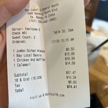 Bay Local Eatery - Receipt with automatic 18% grat - Breakfast & Brunch Near Me - Virginia Beach, Virginia Bay Local Eatery - Receipt with automatic 18% grat - Breakfast & Brunch Near Me - Virginia Beach, Virginia