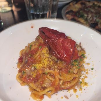 Gjelina - Saffron Spaghetti, Bottarga, Oven -Dried Tomato, Garlic, Calabrian Chili, Breadcrumb - New American Near Me - Venice, California Gjelina - Saffron Spaghetti, Bottarga, Oven -Dried Tomato, Garlic, Calabrian Chili, Breadcrumb - New American Near Me - Venice, California