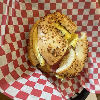 Main Street Bagels - Ham Scrambagel on a garlic bagel - Bagels Near Me - Grand Junction, Colorado Main Street Bagels - Ham Scrambagel on a garlic bagel - Bagels Near Me - Grand Junction, Colorado