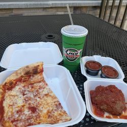 Slice of Cheese Pizza  Meatball Appetizer  Root Beer
