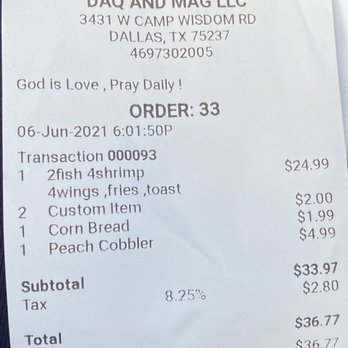 Daq and Mag Daiquiris - Receipt - Seafood Near Me - Dallas, Texas Daq and Mag Daiquiris - Receipt - Seafood Near Me - Dallas, Texas