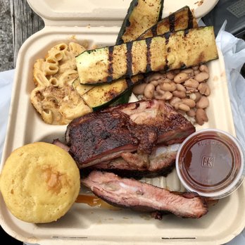 Gorilla Barbeque - 1 meat combo w/ ribs, mac & cheese, zucchini, rice & beans, and cornbread - Barbeque Near Me - Pacifica, California