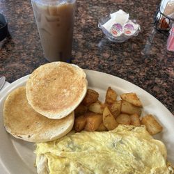 Kathy's Coffee Shop - Greek omelet with Bolos and PB Cup ice coffee