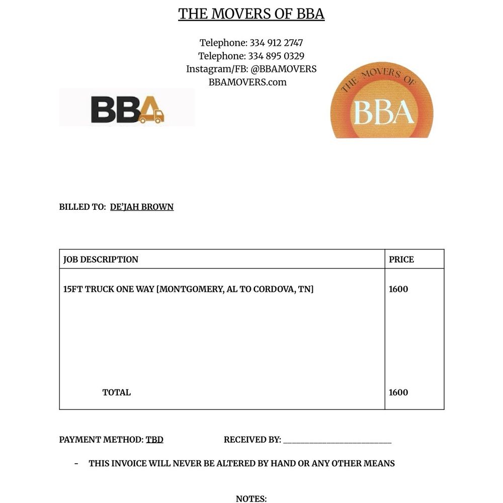 Movers of BBA - original invoice - Movers Near Me - Montgomery, Alabama Movers of BBA - original invoice - Movers Near Me - Montgomery, Alabama