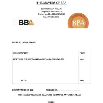 Movers of BBA - original invoice - Movers Near Me - Montgomery, Alabama